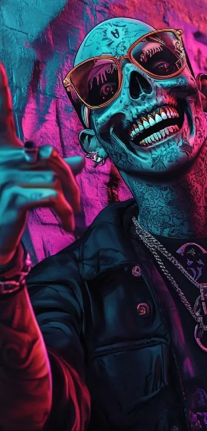 Skull-themed wallpaper with neon colors and urban style artistry.