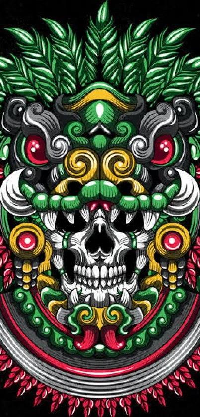 Intricate and colorful skull design on a mobile wallpaper.