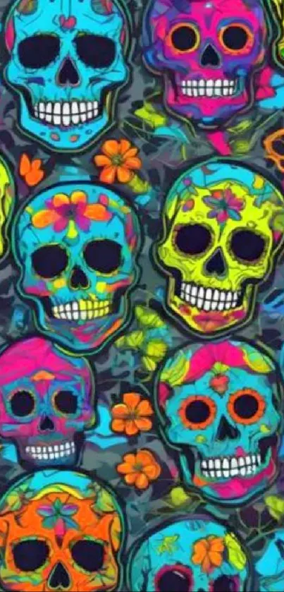 Colorful skull art pattern wallpaper with vibrant design.