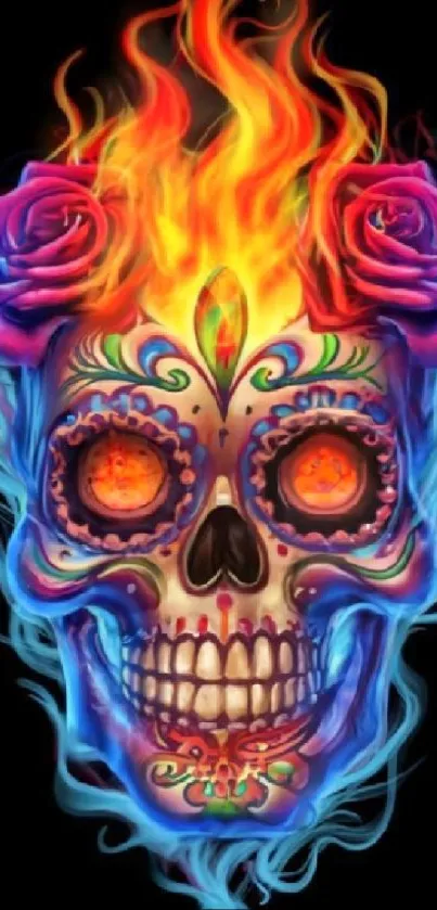 Colorful skull with flames and roses on black background.