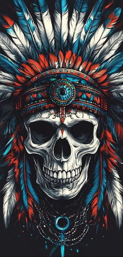 Artistic skull wallpaper with vibrant colors and feather details on dark background.