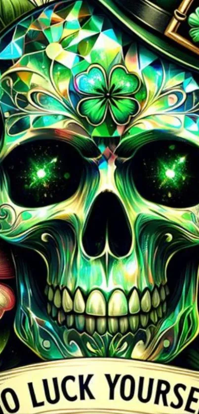 Vibrant green skull art with flowers and clover.