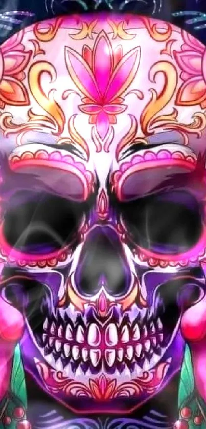 Artistic colorful skull with roses on a purple background.