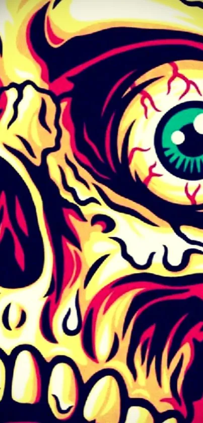 Colorful skull illustration with bold hues and vibrant eye design.