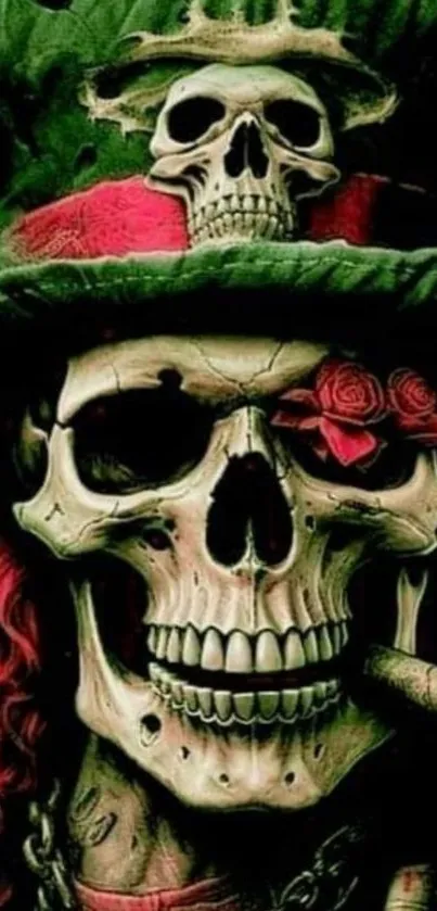 Intricate skull artwork with roses and vibrant colors.