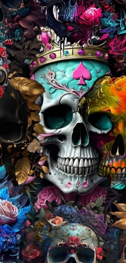 Vibrant skull art wallpaper with colorful floral accents.
