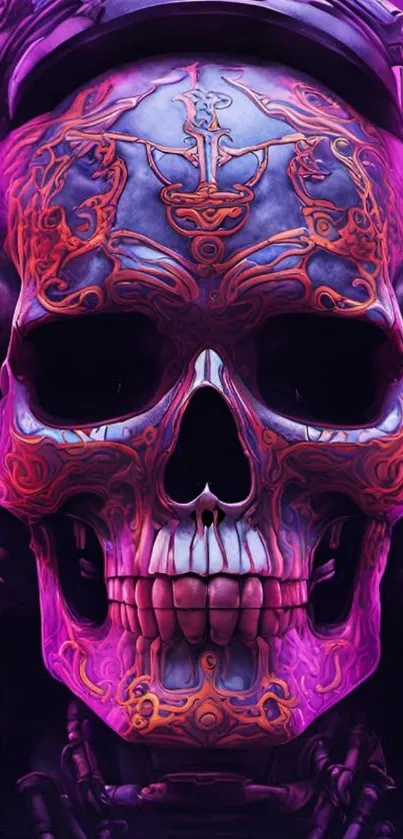 Vibrant skull art with neon details and headphones.