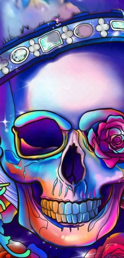 Vibrant psychedelic skull art wallpaper with colorful design.