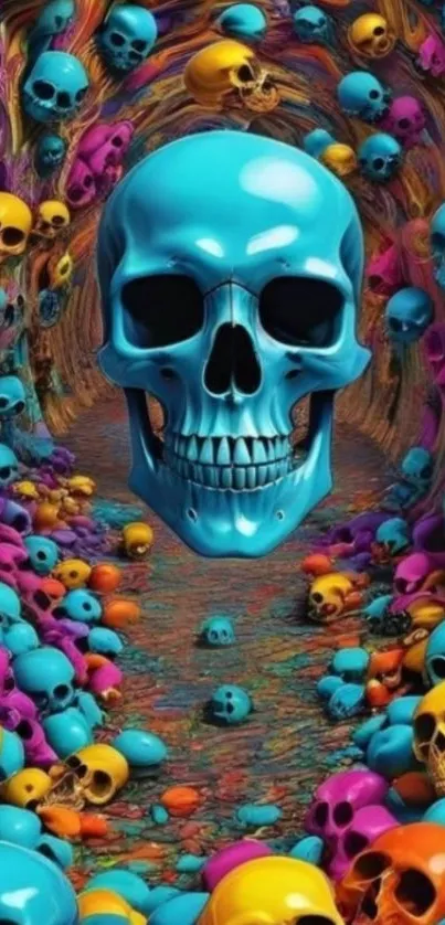 Vibrant skull art with colorful tunnel of skulls.