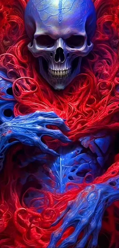 Vibrant skull artwork with intricate red and blue details.