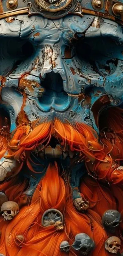 Vibrant skull art with bold orange details.