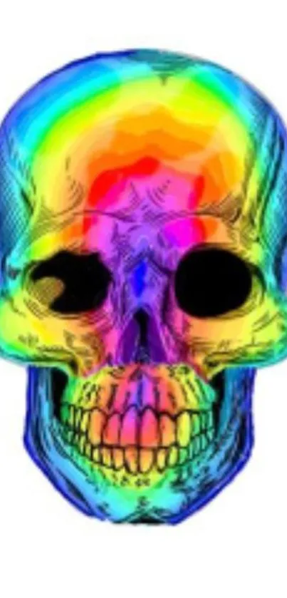 Vibrant, colorful skull illustration with a rainbow palette on a mobile wallpaper.