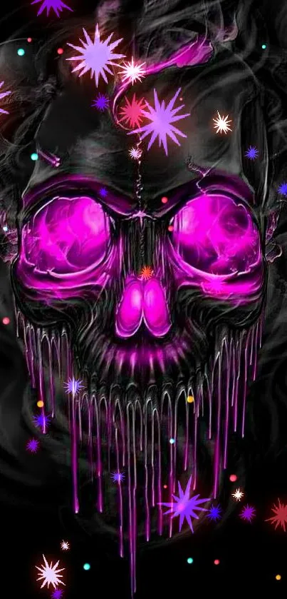 Neon skull design with vibrant purple hues on a dark background.