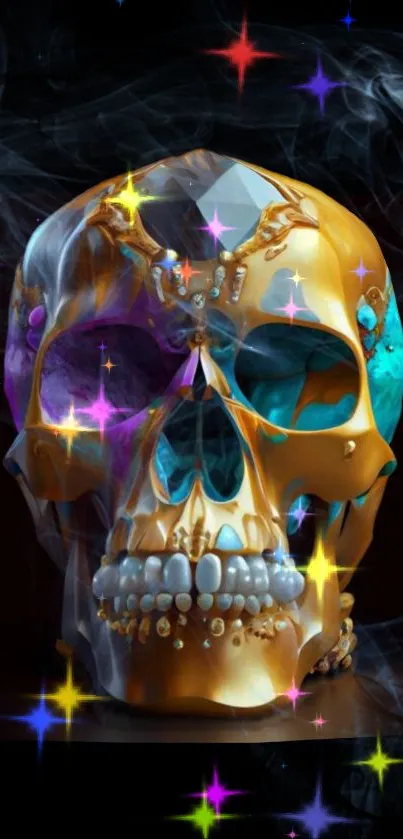 Vibrant golden skull with colorful gemstones on black background.