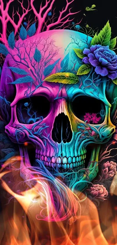 Vibrant neon skull with floral design in striking colors on a black background.