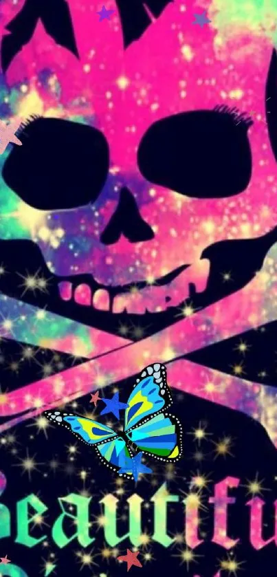 Vibrant skull with neon colors and a blue butterfly design.