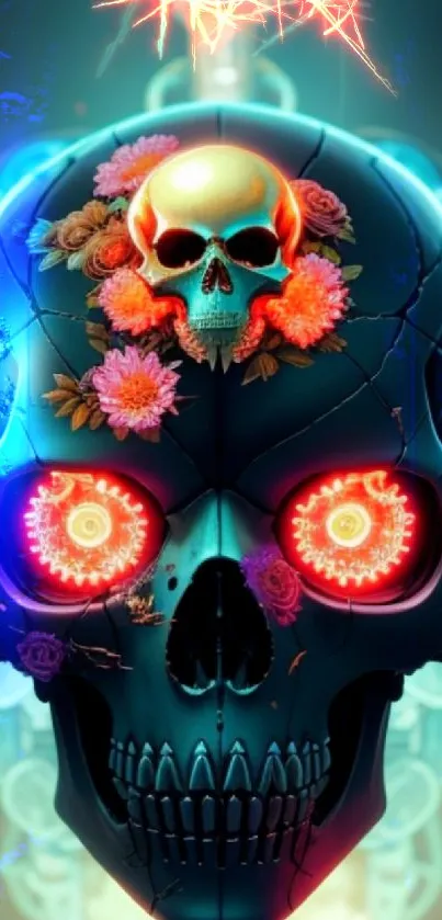 Vibrant skull art wallpaper with floral elements and glowing designs.