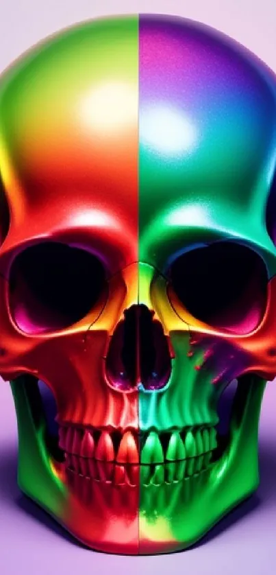 Colorful dual-tone skull art wallpaper with a purple gradient background.