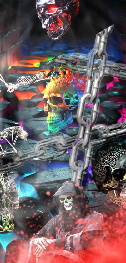 Vibrant skulls and chains mobile wallpaper with colorful and edgy design.
