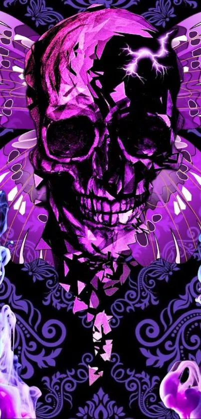 Purple skull with butterfly wings and floral background.