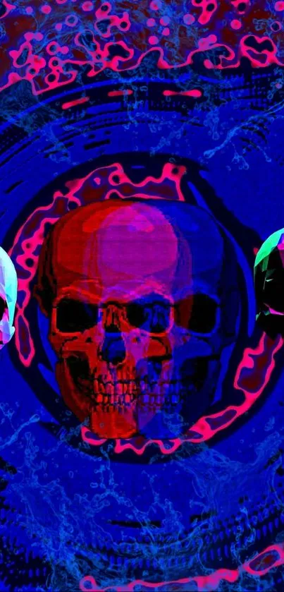 Vibrant neon skulls phone wallpaper with digital art patterns