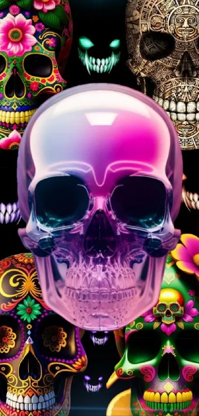 Colorful skulls with intricate designs and floral elements on a black background.