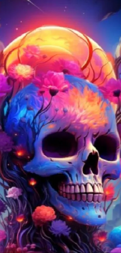 Vibrant skull art with cosmic colors on mobile wallpaper.