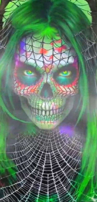 Vibrant skull art with neon green highlights and a spider web background.