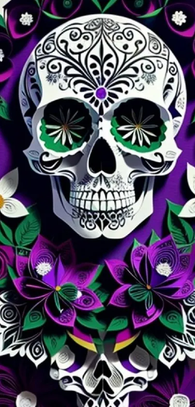 Colorful skull design with vibrant flowers on a mobile wallpaper.