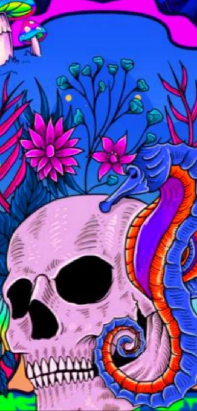 Colorful skull with leaves and mushrooms, psychedelic design.