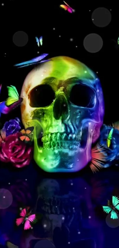 Colorful skull with butterflies and roses on a dark background.