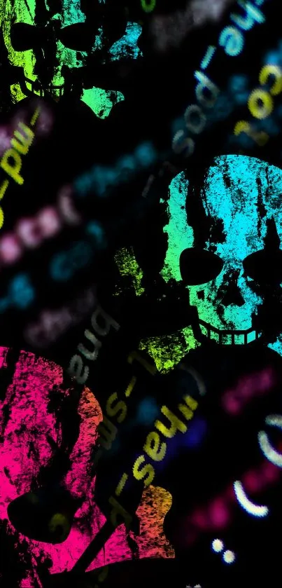 Colorful skulls over blurred coding text in a vibrant mobile wallpaper.