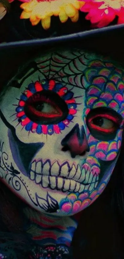 Vibrant Day of the Dead skull face art with colorful floral hat.