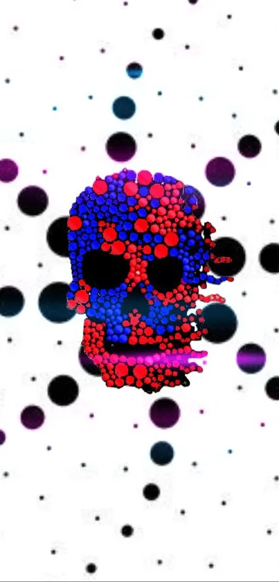 Vibrant skull made of colorful dots on a dotted background.