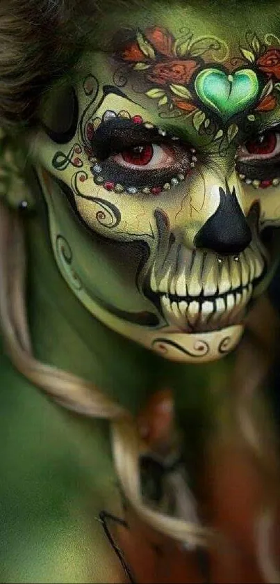 Intricate vibrant skull face art with olive green hues.