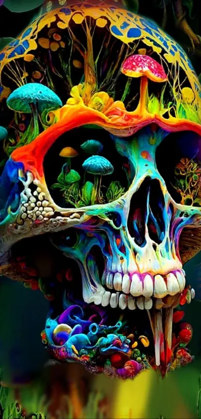 Colorful skull with mushrooms in psychedelic art style.