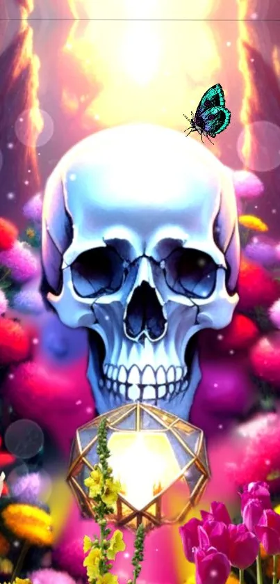 Vibrant skull with flowers and butterfly on a mystical wallpaper.
