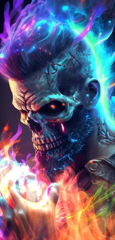 Vibrant skull with neon flames mobile wallpaper.