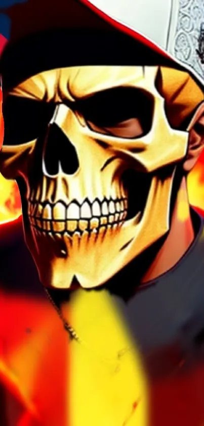 Dramatic skull with fiery flames creates an intense and bold mobile wallpaper design.