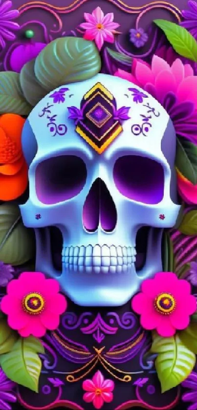 Vibrant artwork of a skull with colorful floral elements on a purple background.