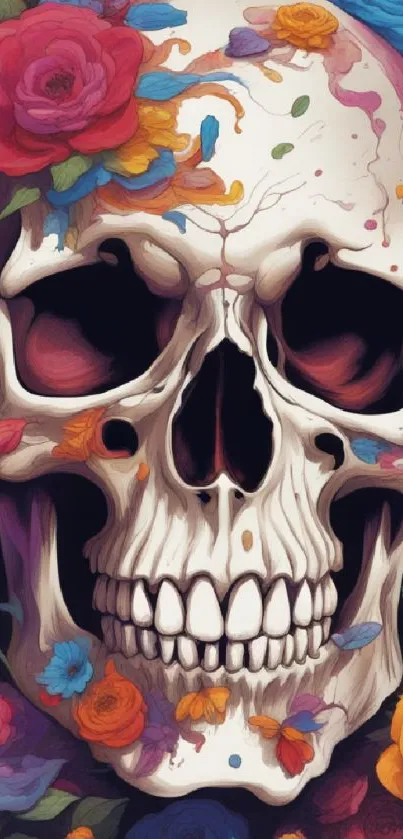 Colorful skull surrounded by vivid flowers in stunning digital art.