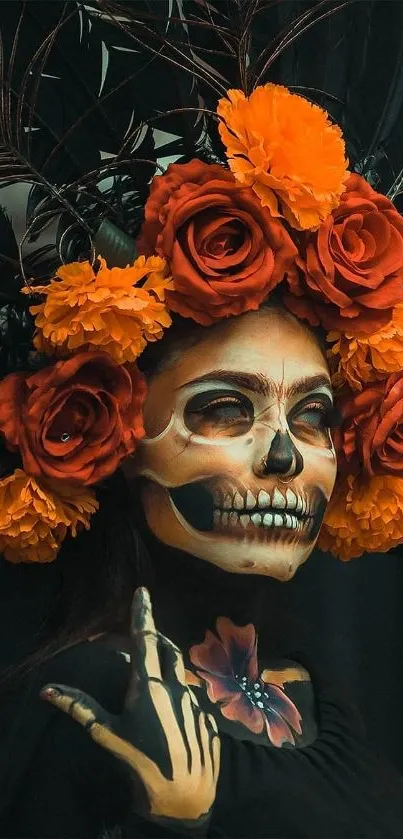 Vibrant skull face with floral crown and feathers on dark background.