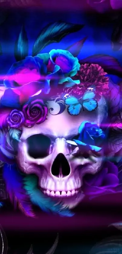 Vibrant skull with colorful flowers and feathers on dark blue background.