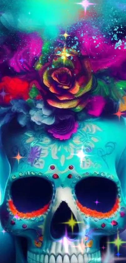 Colorful skull with vibrant floral art.