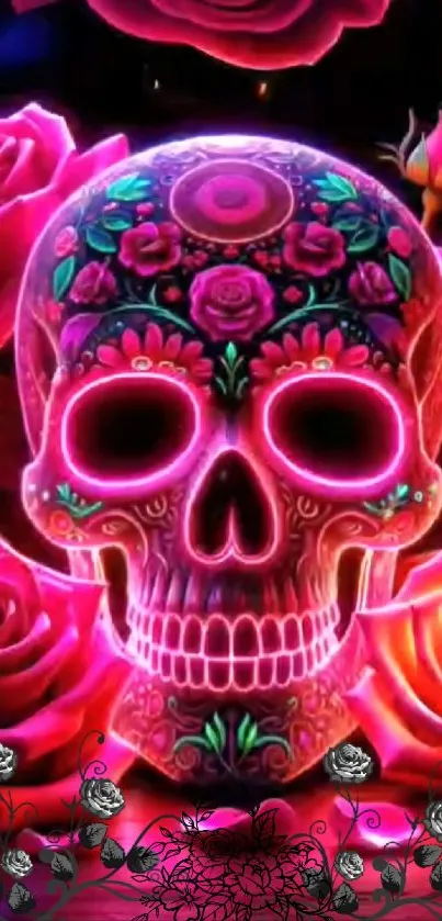 Neon skull surrounded by vibrant roses