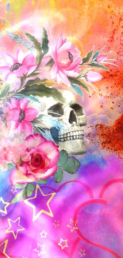 Colorful skull with flowers mobile wallpaper.