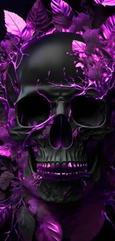 Dark skull with vibrant purple floral design wallpaper.