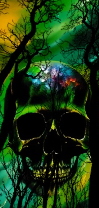 Vibrant skull in a surreal forest wallpaper with dark trees and green hues.