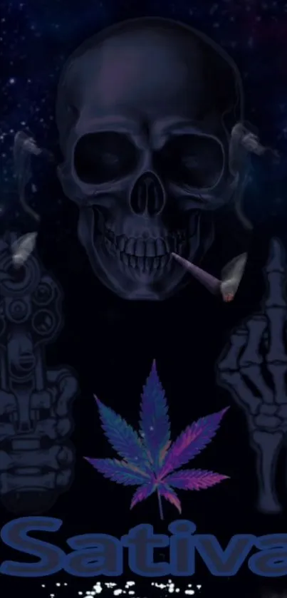 Dark skull and galaxy design with a smoking skull, sativa leaf, and cosmic elements.