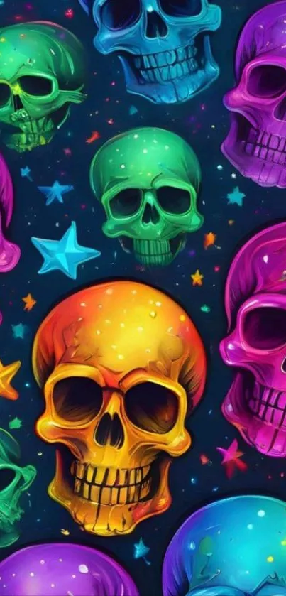 Colorful skulls and stars on dark galaxy background.